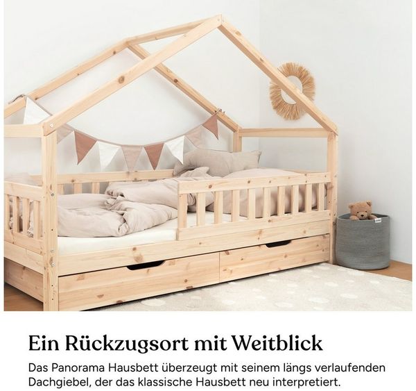 Ehrenkind Hausbett Panorama Hausbett Lille aus massivem Kiefernholz (mit Bettkasten, FSC®-zertifiziert), höhenverstellbar