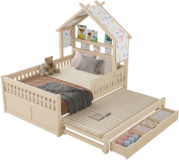 Holzplattformbett, hausförmig, 140 x 200 cm, mit Ausziehbett, 3 Schubladen und Sicherheitsgittern, Cream