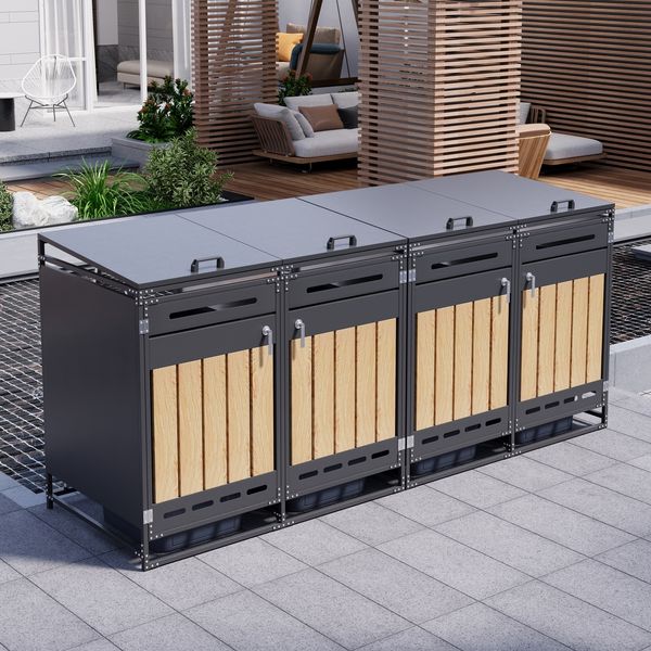 Merax Mülltonnenbox Mülltonnenschrank für 4 Tonnen 120–240L mit hydraulik Deckel & Schloss