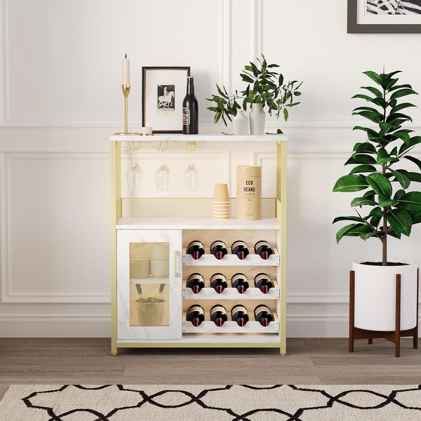 Weinbarschrank, industrielles Buffet, Flaschenhalter, Abnehmbarer Weinglashalter, Aufbewahrungsmöbel, Tür aus Drahtgeflecht, ideal für Wohnzimmer, Küche, Esszimmer, 60 x 35 x 92 cm, goldfarben