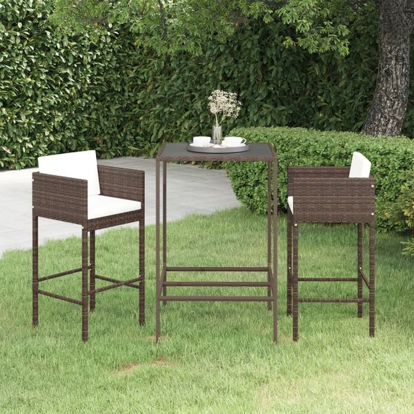 vidaXL 3-tlg. Gartenbar-Set mit Kissen Poly Rattan Braun 3094786