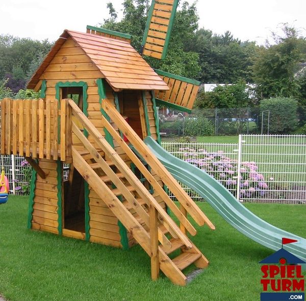 HOQ Premium Spielturm Windmühle Don Quichotte - Rutschenfarbe: Himmelblau - mit Leiter – mit Fensterläden - Maße: 180 x 295 x 135 cm - Material: Kiefernholz