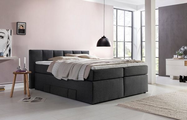 Furniture for Friends Doluna Boxspringbett Valina 180x200 cm Anthrazit H2/H3 Kopfteilhöhe 90 cm ideal für Dachschrägen + Bettkasten für Stauraum, 7-Zonen Taschenfederkern-Matratze inkl. Visko-Topper