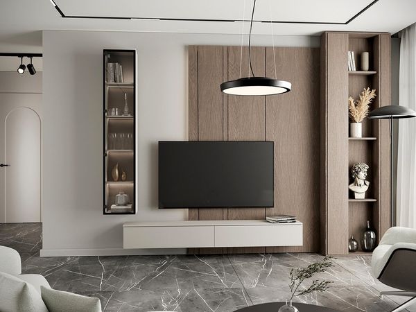 MOEBLINE Wohnwand Wohnwand Medienwand FIVO 2 kaschmir TV-Lowboard Vitrine 2-St