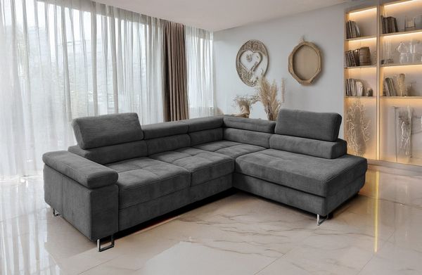 Goldstoff Ecksofa mit Schlaffunktion, Cord Couch für Wohnzimmer - Cord Ecksofa, Cord Sofa VOYAGE 2 Teile, Großer Bettkasten