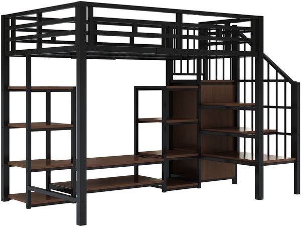 Hochbett 90×200 cm Metall-Holz,mit TV-Ständer, Steckdose und sicherer Leiter, platzsparend,Schwarz Bild 8