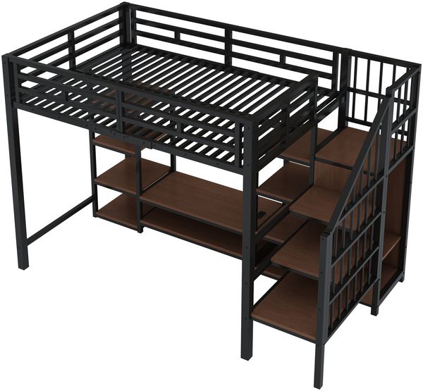 Hochbett 90×200 cm Metall-Holz,mit TV-Ständer, Steckdose und sicherer Leiter, platzsparend,Schwarz Bild 7