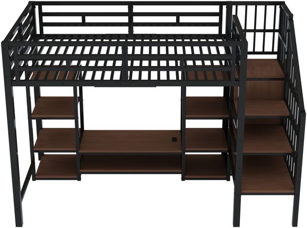 Hochbett 90×200 cm Metall-Holz,mit TV-Ständer, Steckdose und sicherer Leiter, platzsparend,Schwarz Bild 9