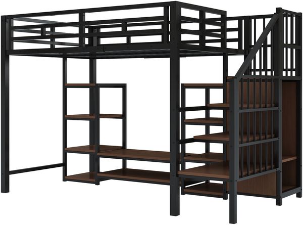 Hochbett 90×200 cm Metall-Holz,mit TV-Ständer, Steckdose und sicherer Leiter, platzsparend,Schwarz Bild 6