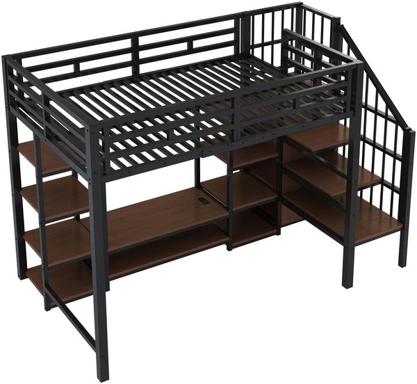 Hochbett 90×200 cm Metall-Holz,mit TV-Ständer, Steckdose und sicherer Leiter, platzsparend,Schwarz Bild 10
