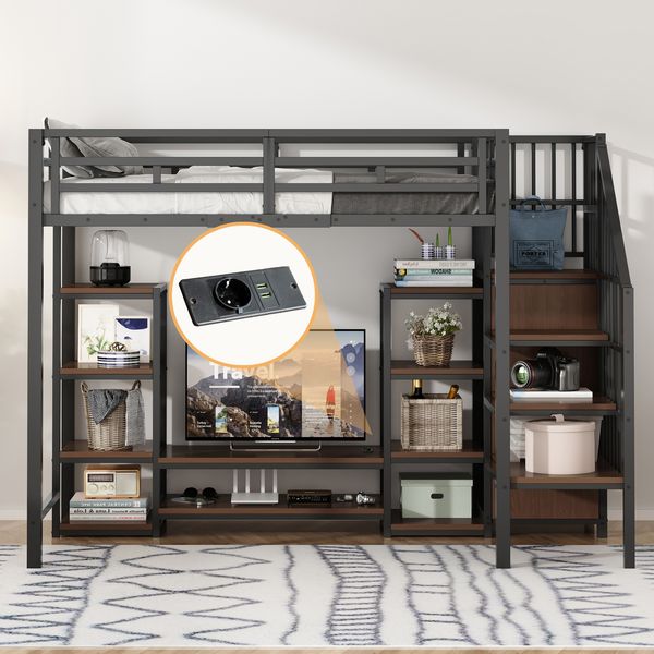 Hochbett 90×200 cm Metall-Holz,mit TV-Ständer, Steckdose und sicherer Leiter, platzsparend,Schwarz