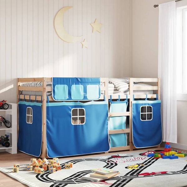 vidaXL Etagenbett mit Vorhängen Blau 90x190 cm Massivholz Kiefer 3283905
