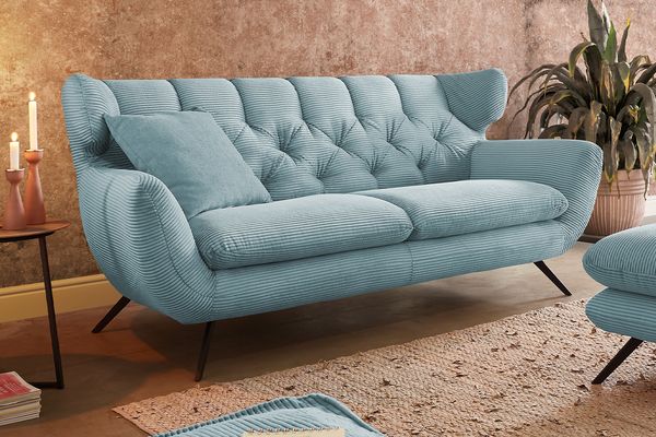 KAWOLA Sofa CHARME 3-Sitzer Cord hellblau 94 x 95 x 225 cm