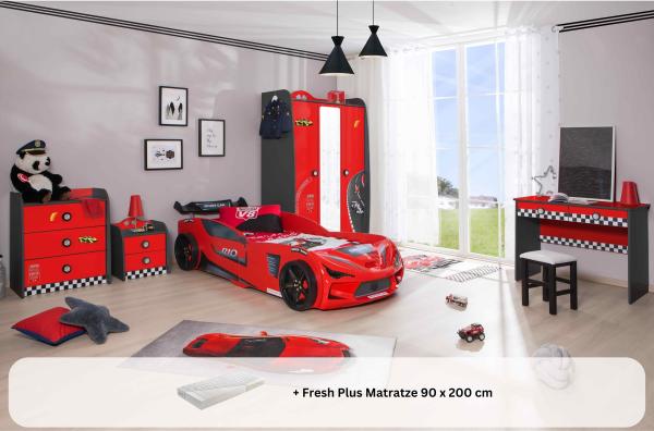 Kinderzimmer komplett Set Autobett Rio 5 teilig Rot ohne Sportsitze, Creativ Fresh Plus H2, ohne Bettwäsche, ohne Wandregal