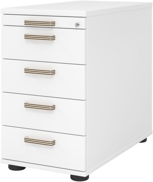 bümö Schreibtisch Schrank abschließbar, Schubladenschrank Holz in weiß, Container mit Schubladen - Schubladen Schrank Büro, Schreibtisch Container od. Schreibtisch Kommode mit Streifengriffe, SC50-W-W-SG