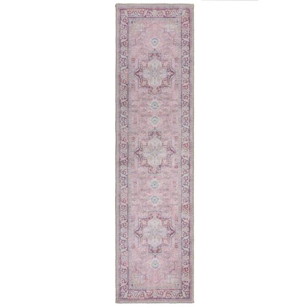 Kadima Design Maschinenwaschbarer Traditioneller Vintage-Teppich aus recycelten Fasern, rutschfest - "Hald". Farbe: Rosa, 60x230 cm