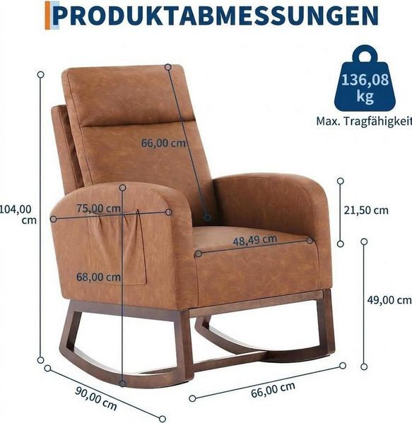 GarveeMore Schaukelstuhl mit Seitentasche,hoher Rückenlehne,gepolsterter Sitz, Akzentsessel für Wohnzimmer,Kinderzimmer,Schlafzimmer