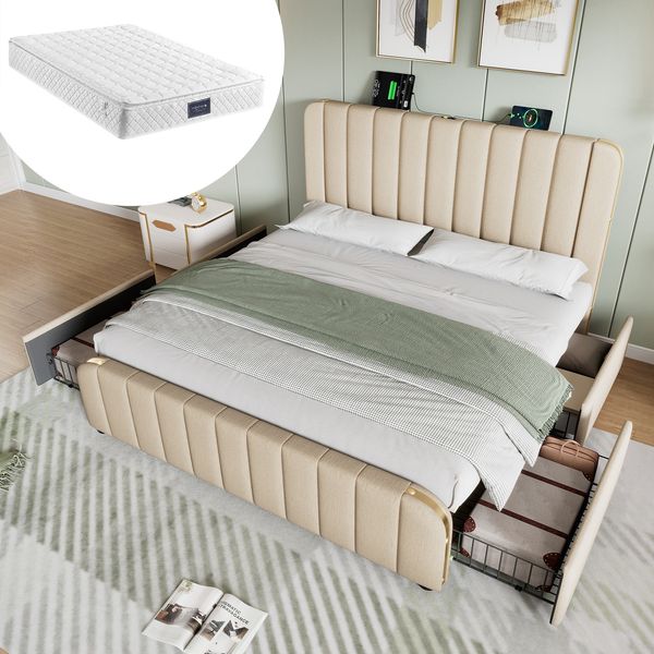 Polsterbett, Leinen mit USB-Anschluss & 4 Schubladen, 140x200 cm, Beige, mit Matratze