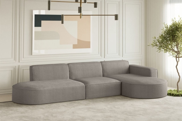 Ecksofa Designersofa PALMA in Stoff Scala Grau Ottomane Rechts
