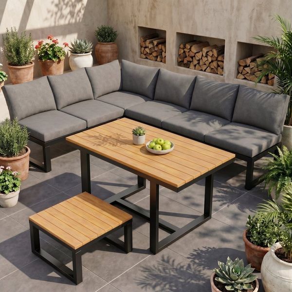 REDOM Gartenlounge-Set modular mit Sofa, (ohne Armlehnen,Ecksofa mit Tisch & Couchtisch, wetterfestes Stahlgestell, Sitzkissen in Grau, 1-tlg, 220 x 167 x 78 cm)