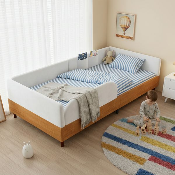 Polsterbett, Einzelbett, Samt & Holz Design, Mit 2 Stautaschen, Modernes Polsterbett für Kinderzimmer, Weiche Antikollisions-Schwammkante, Stabiler Bettrahmen, Weiß, 90x200cm