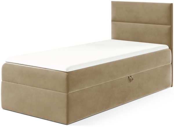 MEBLINI Kinderbett mit Bettkasten MINO 1 100x200 Rechts – H3/Hellbraun Samt Gepolstert Einzelbett mit Matratze - Polsterbett mit Stauraum - Bett mit Kopfteil – Stauraumbett Bild 1