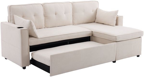 Schlafsofa Sitzfläche 211x129.5x86 cm, Beige, Baumwoll-Leinen, Chaiselongue mit Stauraum, links/rechts tauschbar Bild 6