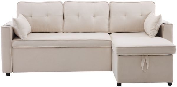Schlafsofa Sitzfläche 211x129.5x86 cm, Beige, Baumwoll-Leinen, Chaiselongue mit Stauraum, links/rechts tauschbar Bild 5