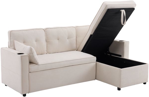 Schlafsofa Sitzfläche 211x129.5x86 cm, Beige, Baumwoll-Leinen, Chaiselongue mit Stauraum, links/rechts tauschbar Bild 8