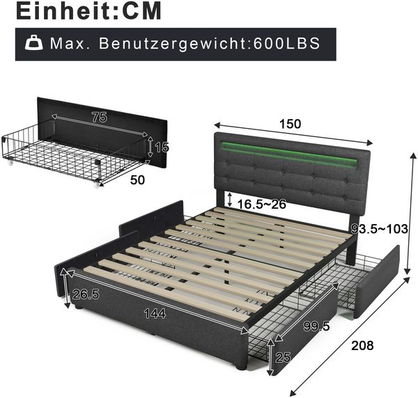 Polsterbett Leinen mit LED-Kopfteil, 4 Schubladen & Matratze, 140x200 cm, Grau Bild 6