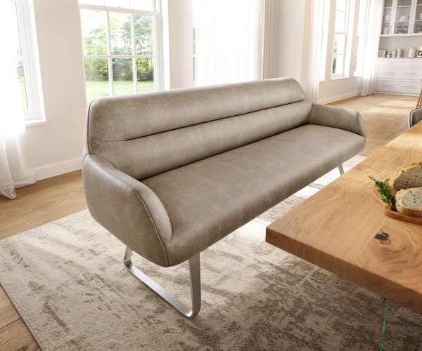 Esszimmerbank Taya-Flex 200 cm Mikrofaser Beige Vintage Kufengestell flach Edelstahl Taschenfederkern