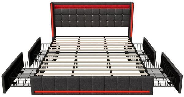 Furnishings Home Polsterbett LED Doppelbett Stauraumbett (4 Schubladen), Mit LED-Beleuchtung, USB + Type-C, Schubladen, Leinen, 180x200 cm