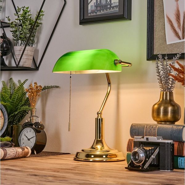 hofstein Tischleuchte Tischlampe aus Metall/Glas in Goldfarben/Grün/Weiß, Schreibtischlampe, ohne Leuchtmittel, traditionelle Bankerlampe für Büros im Vintage-Design, Zugnschnur, E27