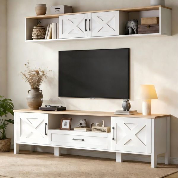 MODFU TV-Schrank Weiße Mediawand 180 cm mit 2-Stufen-Design (2-St, Set aus TV-Ständer und hängender Vitrine) Praktische Aufteilung mit 4 Schränken