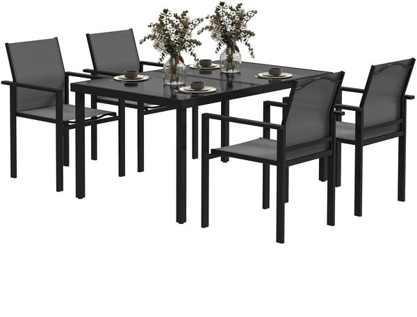 Gartentisch mit 4 stapelbaren Stühlen, 140 cm Tischplatte aus gehärtetem Glas, schwarz
