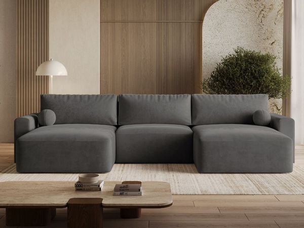GRAINGOLD Wohnlandschaft U-Form Aurora U, Ecksofa mit Schlaffunktion, Bettkasten, mit losen Kissen, Velour-Stoff, Dunkelgrau