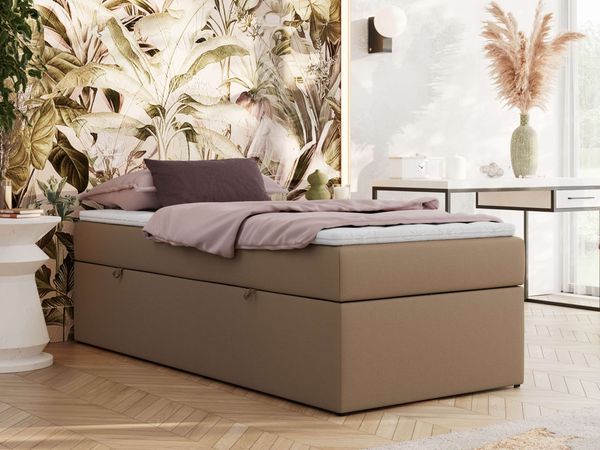 Boxspringbett 90x200 Polsterbett ZERO 90 Einzelbett ohne Kopfteil, inkl. Stauraum & Multipocket-Matratze, Hotelbett - Braun Kunstleder - H3 - Topper Visco