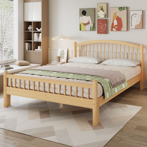 Merax Doppelbett, 140x200 cm Massivholz Bett, Schlichtes minimalistisches Design, klassisches Gitter-Kopfteil, stabiler Lattenrost, universelles Einzelbett, Natur