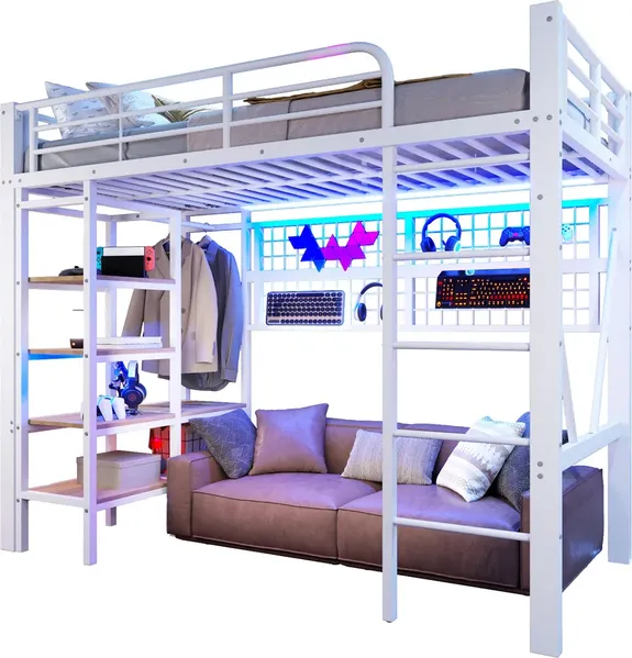 Hochbett mit Regal, LED-Beleuchtung, Kleiderstange, Wandgitter, Leiter, Rausfallschutz, 90x200cm, Kinderbett, Metallbett