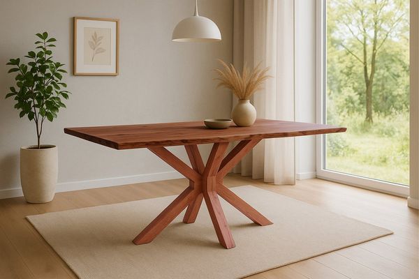 SAM® Esstisch Tabor, massives Akazienholz, Baumkante, Holzgestell Spider-Form