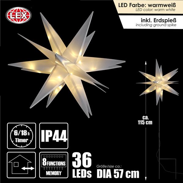 LEX 'Leuchtstern Lichterstern' 3D Lichterkette, 36 LEDs mit Erdspieß, Weiß, Ø 57 cm, Gesamthöhe 115 cm