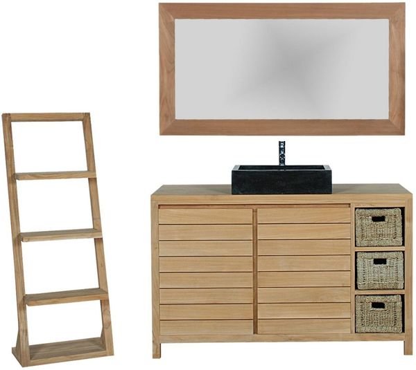 Badmöbel Set Lomma Teak Massivholz - Breite vom Unterschrank: 120 cm - Breite vom Spiegel: 90 cm - Anzahl der Hochschränke: ohne Hängeschrank - Handtuchhalter: ohne Handtuchhalter