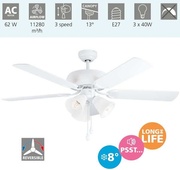 Eglo 35076 Ventilator LAS PALMAS m. Spot/Schirm 3X40W/E27 H:47,4cm Ø:132cm weiss matt