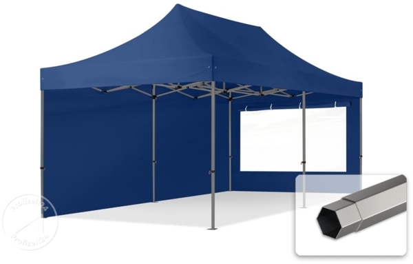 3x6 m Faltpavillon, PREMIUM Stahl 40mm, Seitenteile mit Panoramafenstern, blau
