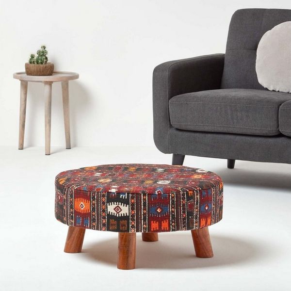 Homescapes Fußhocker Hocker Kilim-Design Holzfüße 62 Rund