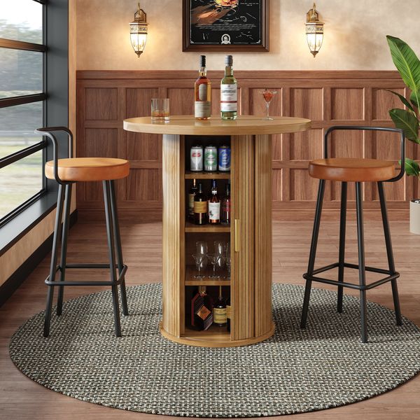 Runder Bartisch mit Stauraum, 91,6cm hoher Stehtisch mit Schrank, MDF Holzoptik, Belastbar bis 75kg, für Bar & Wohnzimmer, Braun
