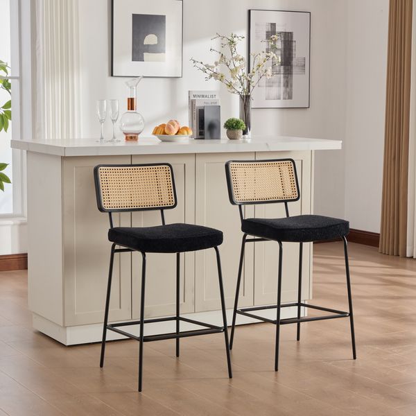 YakoHome Barhocker Schwarz Rattan Holz Metall 2er Set Thekenhocker