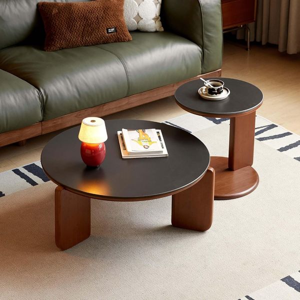 2-teiliges Beistelltisch-Set aus massivem Tulpenholz, runde Tischplatte aus hitze- und kratzfestem Sinterstein, modernes Design in Schwarz für Wohnzimmer