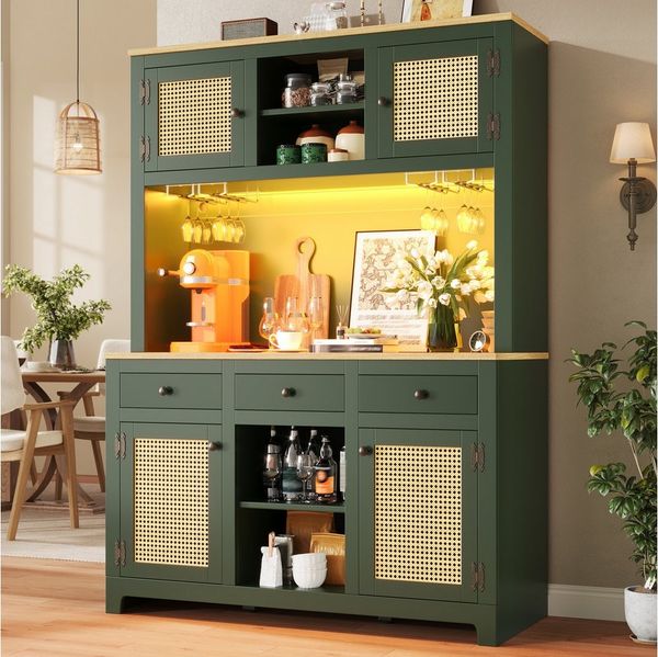 Odikalo Küchenbuffet Küchenschrank Buffetschrank Hochschrank mit LED & PE Rattan (PE Rattan Schrank mit Kippsicherung, Großer Standschrank mit verstellbaren Böden & Schubladen, Vintage Stauraumschrank für Küche, Wohnzimmer, Esszimmer)