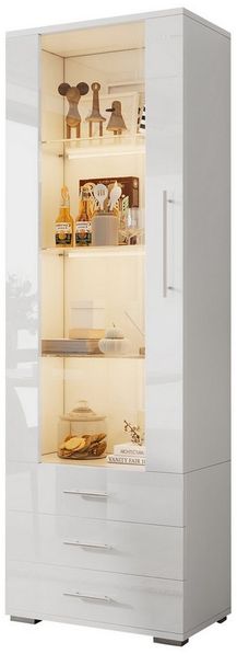 BlingBin Vitrine Hochglanzvitrine Glasvitrine Standvitrine mit LED-Beleuchtung (Aufbewahrungsschrank mit 3 Schubladen und 1-Tür, Gehärtetem Glas + Acryl, 1-St, Größe: 60*35*180cm, Tragfähig: 30kg, Bücherschrank) Vitrinenschränke für Wohnzimmer, Arbeits...